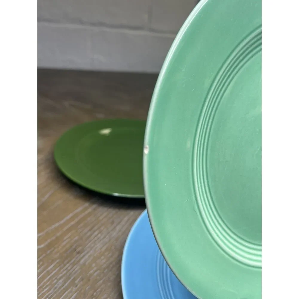 4 VTG HOMER LAUGHLIN HARLEQUIN Luncheon PLATE 9 1/4 Rose Light Green Forest Blue
